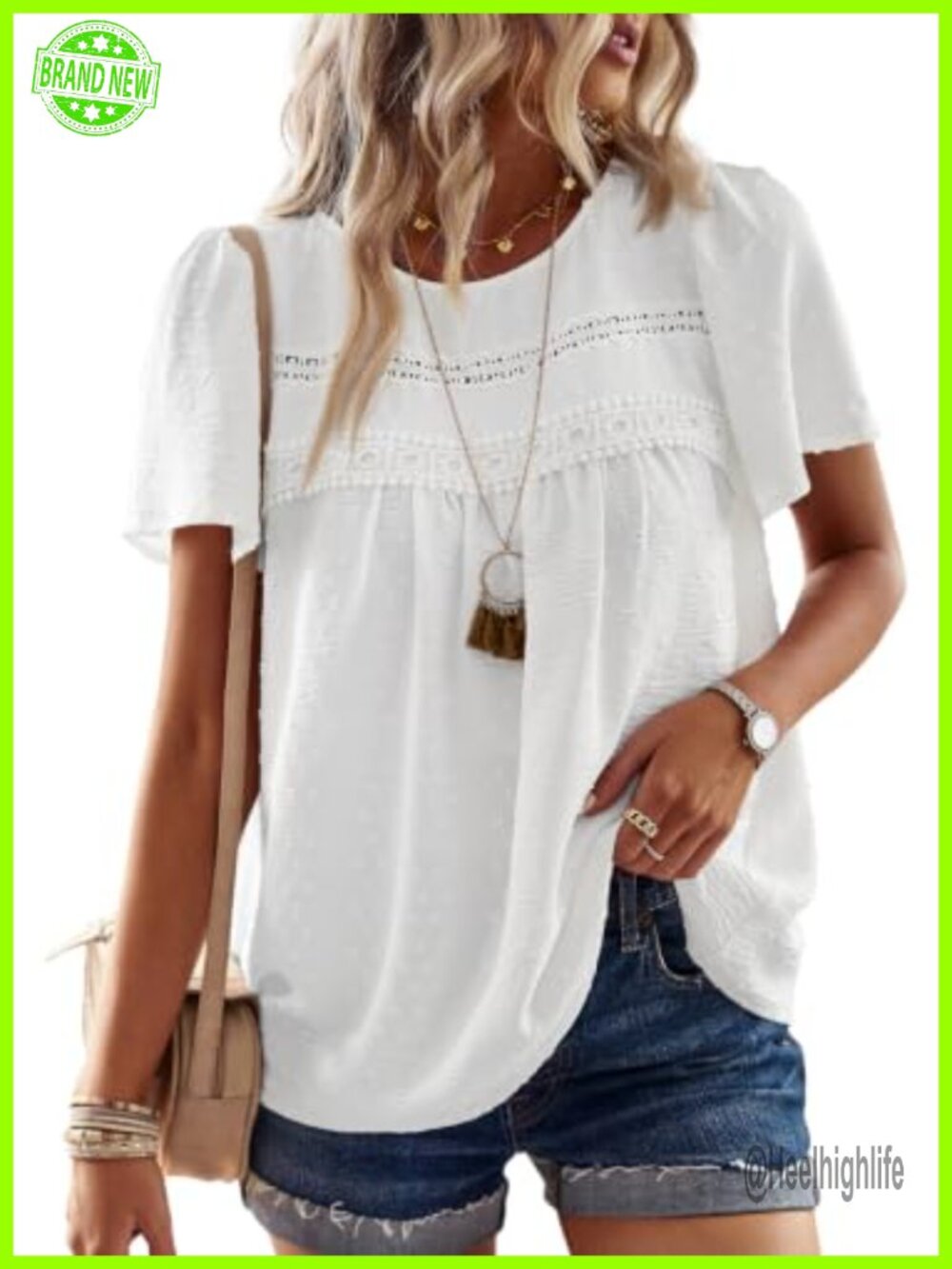 Womens Crochet Lace Boho Tunic Top Short Sleeve Loose Fit Casual